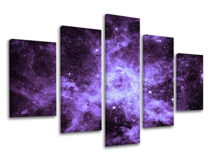 Klasszikus vászonkép motívummal: galaxis, csillagok, világűr fehér-lila árnyalatokban, titok, többrészes kivitel, alkalmas a nappali számára – fő