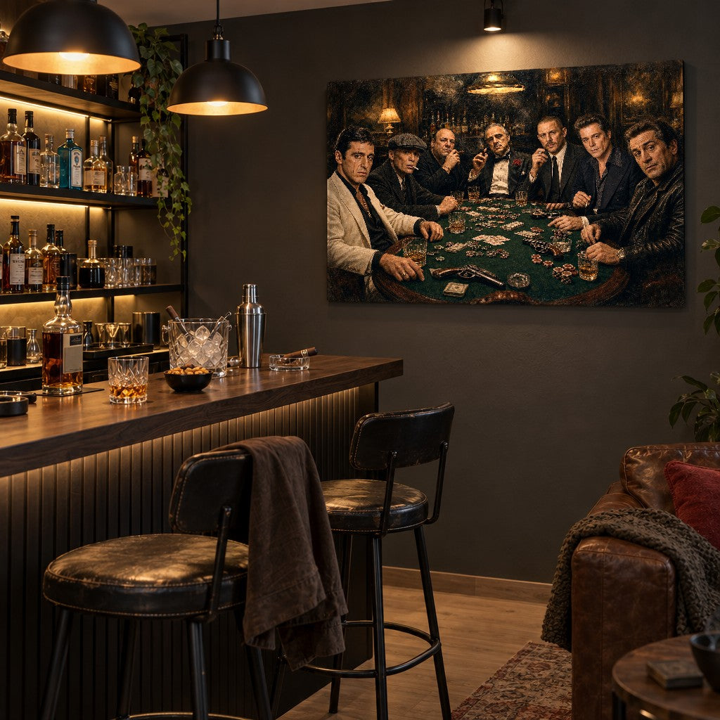 Maffiózók póker közben, sötét tónusú fali dekoráció otthoni bárba, whiskyvel és elegáns stílussal.