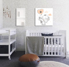 Boho stílusú vászonkép motívummal: GYEREKEKNEK, elefánt, léggömb, felhők, csillagok fehér-barna árnyalatokban, játékos hangulat, gyermekkor és álmok, alkalmas a gyerekszoba számára – fő