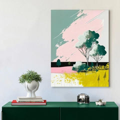 Pop art vászonkép motívummal: fák, mező, égbolt, nap, virágok kék-rózsaszín árnyalatokban, vidám hangulat, tavaszi hangulat és természet – termék