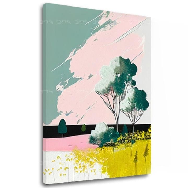 Pop art vászonkép motívummal: fák, mező, égbolt, nap, virágok kék-rózsaszín árnyalatokban, vidám hangulat, tavaszi hangulat és természet – fő