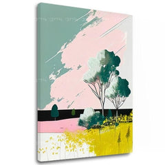 Pop art vászonkép motívummal: fák, mező, égbolt, nap, virágok kék-rózsaszín árnyalatokban, vidám hangulat, tavaszi hangulat és természet – fő