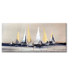 Kézzel festett vászonkép motívummal: PREMIUM ART – Plachetnice a tengeren, égbolt, természet fehér-bézs árnyalatokban, nyugodt hangulat, alkalmas a nappali számára – termék, nézet 2