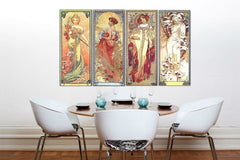 Vintage vászonkép motívummal: ŠTYRI ROČNÉ OBDOBIA 120x70 cm – Alfons Mucha, térkép zöld-arany árnyalatokban felakasztva az enteriőrben konyha számára – enteriőr