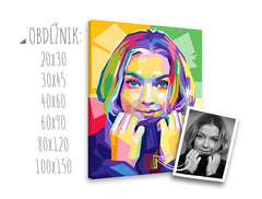 Pop art vászonkép motívummal: nő, arc, portré, gyermek motívum, emberek lila-kék árnyalatokban, élénk hangulat, szépség, alkalmas a nappali számára – fő