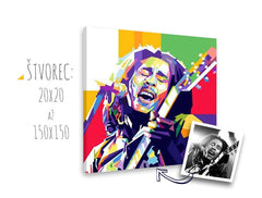 Pop art vászonkép motívummal: gitár, mikrofon, emberek fehér-lila árnyalatokban, energikus hangulat, rock and roll, alkalmas a nappali számára – fő