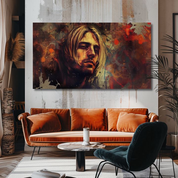 Modern vászonkép motívummal: Kurt Cobain - V srdci grunge barna-arany árnyalatokban, melankolikus hangulat, rock and roll | Kép Kurt Cobain - V srdci grunge – termék