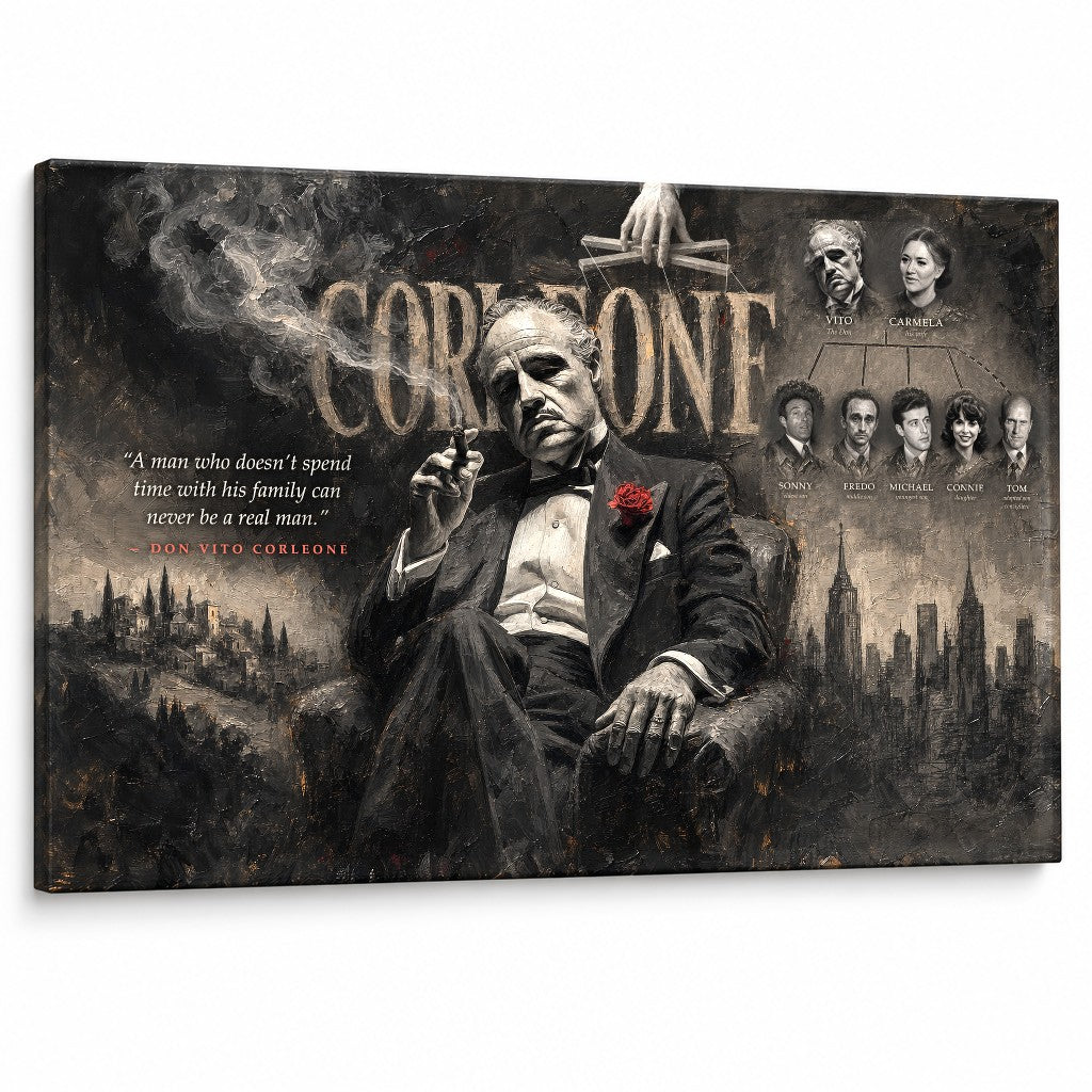 A Keresztapa vászonkép Don Vito Corleone portréjával és a Corleone család fájával, prémium minőségű Papilora falidekoráció.