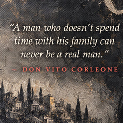 A Keresztapa vászonkép részlete: A man who doesn't spend time with his family can never be a real man idézettel.