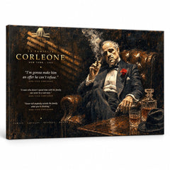A Keresztapa vászonkép: Don Vito Corleone bőrfotelben, whiskyvel, expresszív stílusú prémium falikép a Papilorától