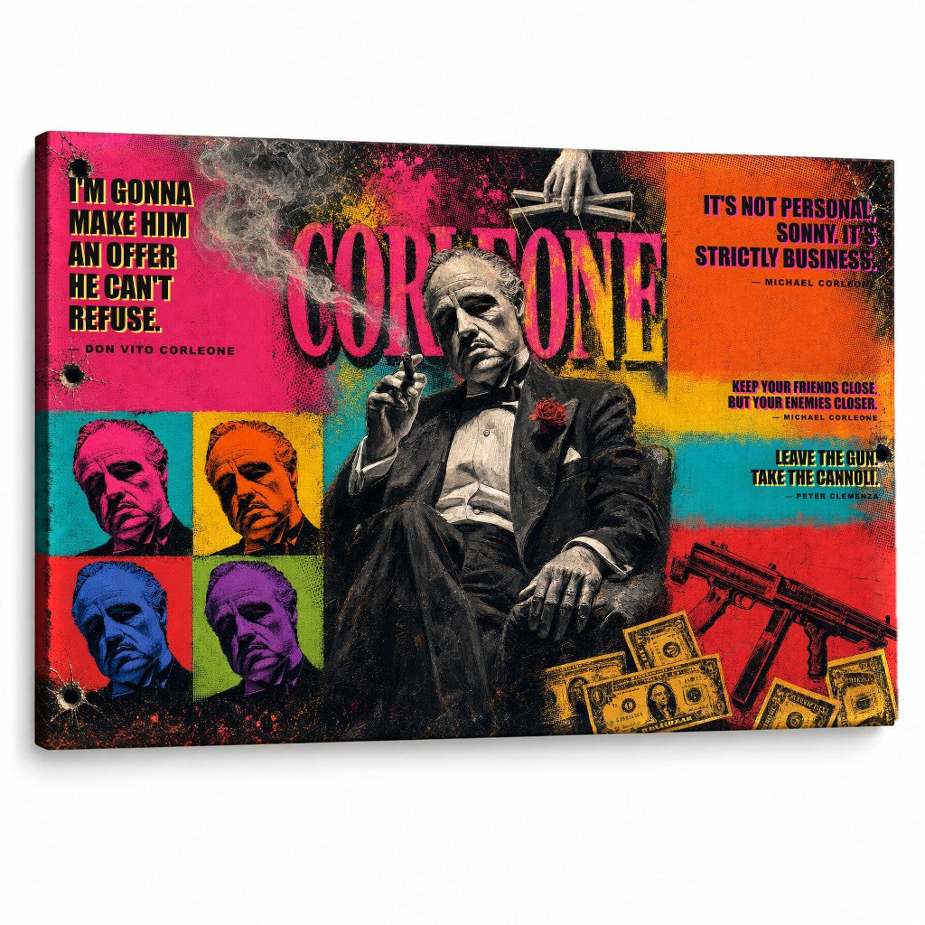 A Keresztapa pop-art stílusú vászonkép Don Vito Corleone portréjával és híres filmidézetekkel, elegáns dekoráció a Papilorától.