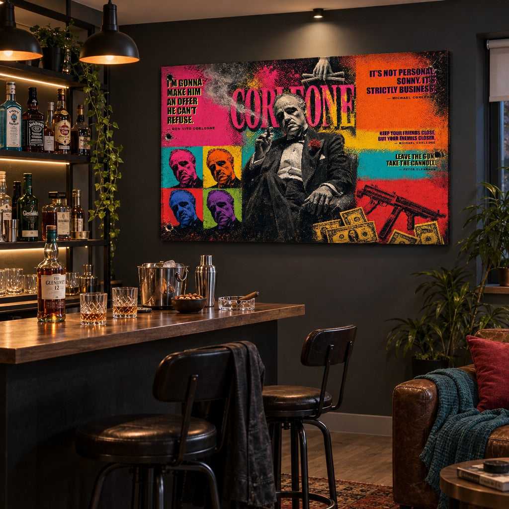 Stílusos A Keresztapa pop-art vászonkép otthoni bárban elhelyezve, ideális kiegészítő whisky mellé a nappaliba.