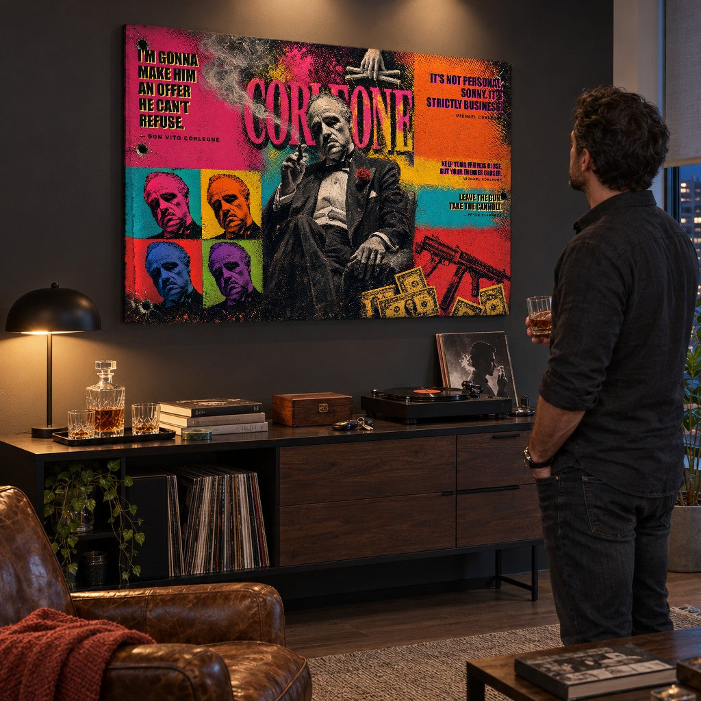 Modern A Keresztapa pop-art vászonkép férfias dolgozószobában, karakteres dekoráció filmrajongóknak.