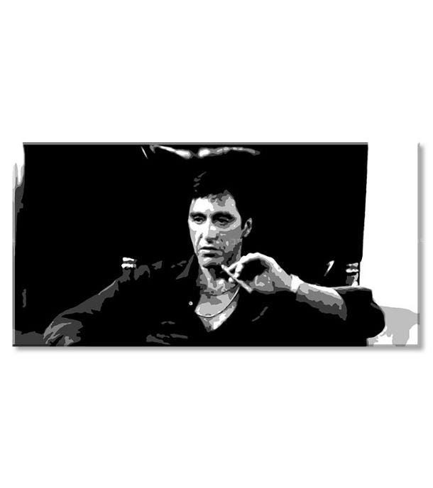 Pop art vászonkép motívummal: Nahnevaný Tony Montana s cigarou v ruke, autó, természet fehér-fekete árnyalatokban, intenzív hangulat – termék, nézet 2