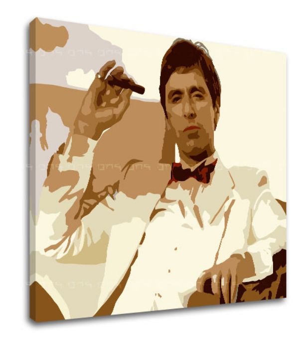 Pop art vászonkép motívummal: Tony Montana fajčiaci cigaru, természet barna árnyalatokban, erő és hatalom és krimi dráma, alkalmas a iroda számára – termék, nézet 2