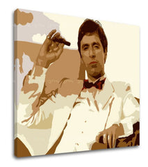 Pop art vászonkép motívummal: Tony Montana fajčiaci cigaru, természet barna árnyalatokban, erő és hatalom és krimi dráma, alkalmas a iroda számára – termék, nézet 2