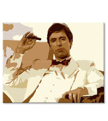 Pop art vászonkép motívummal: Tony Montana fajčiaci cigaru, természet barna árnyalatokban, erő és hatalom és krimi dráma, alkalmas a iroda számára – termék, nézet 3