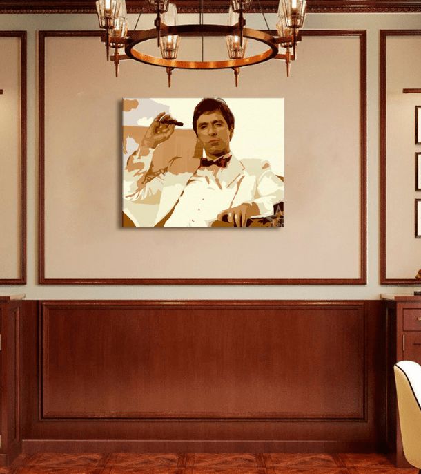 Pop art vászonkép motívummal: Tony Montana fajčiaci cigaru, természet barna árnyalatokban, erő és hatalom és krimi dráma, alkalmas a iroda számára – termék