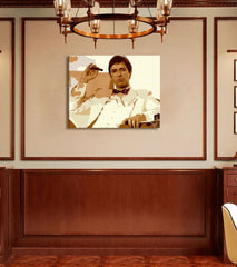 Pop art vászonkép motívummal: Tony Montana fajčiaci cigaru, természet barna árnyalatokban, erő és hatalom és krimi dráma, alkalmas a iroda számára – termék