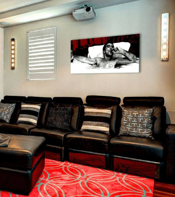 Pop art vászonkép motívummal: Tony Montana s cigarou v bazéne fehér-piros árnyalatokban, magány | Legnagyobb mafiáni na vásznon Scarface - Tony Montana s cigarou v bazéne – fő