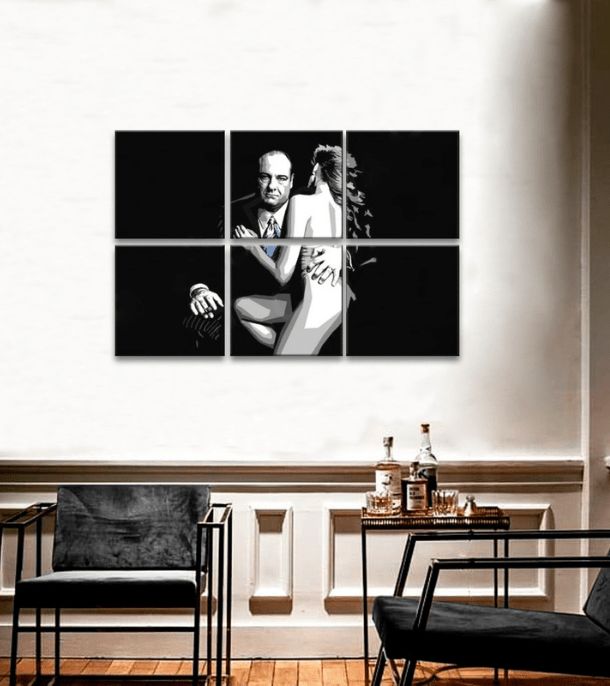 Pop art vászonkép motívummal: Sopranos - Tony Soprano s nahou ženou fehér-fekete árnyalatokban, drámai hangulat, krimi dráma és szerelem – termék