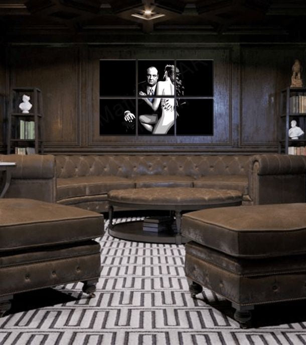 Pop art vászonkép motívummal: Sopranos - Tony Soprano s nahou ženou fehér-fekete árnyalatokban, drámai hangulat, krimi dráma és szerelem – fő