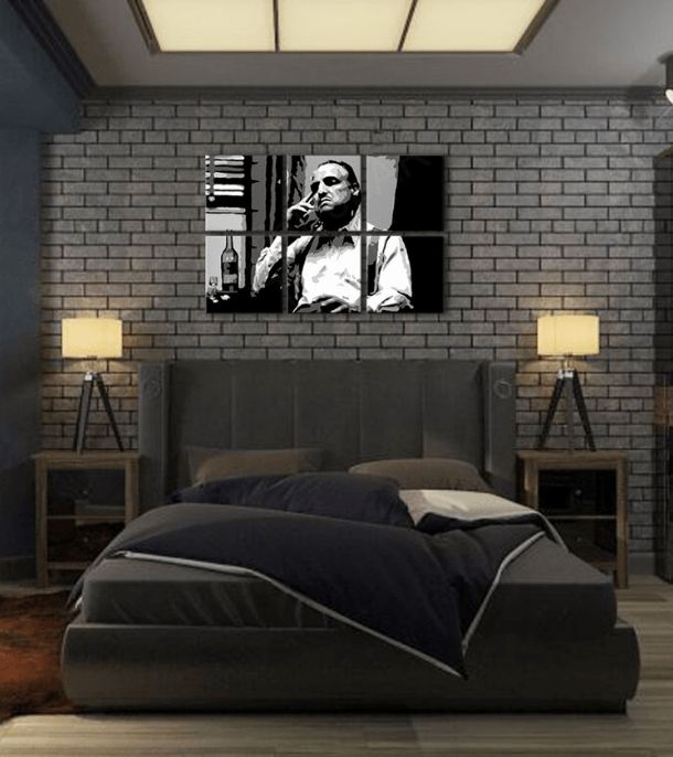 Pop art vászonkép motívummal: The Godfather - Vito Corleone s üveggel škótskej, szivar, üveg fehér-fekete árnyalatokban, melankolikus hangulat – termék