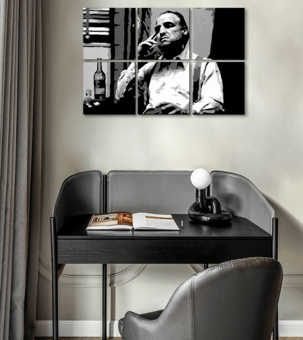Pop art vászonkép motívummal: The Godfather - Vito Corleone s üveggel škótskej, szivar, üveg fehér-fekete árnyalatokban, melankolikus hangulat – fő