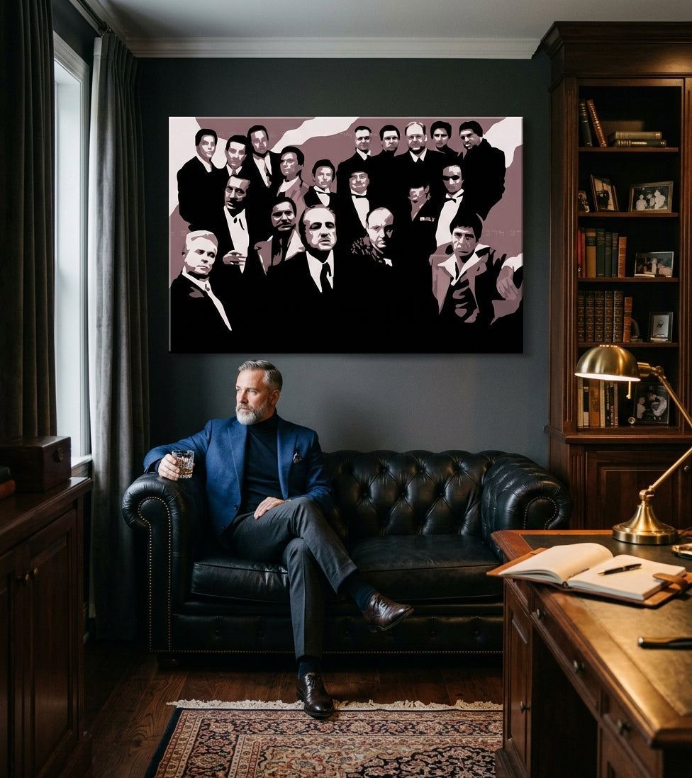 Pop art vászonkép motívummal: The Mafia family, autó barna-piros árnyalatokban felakasztva az enteriőrben iroda számára, drámai hangulat – enteriőr