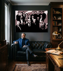 Pop art vászonkép motívummal: The Mafia family, autó barna-piros árnyalatokban felakasztva az enteriőrben iroda számára, drámai hangulat – enteriőr