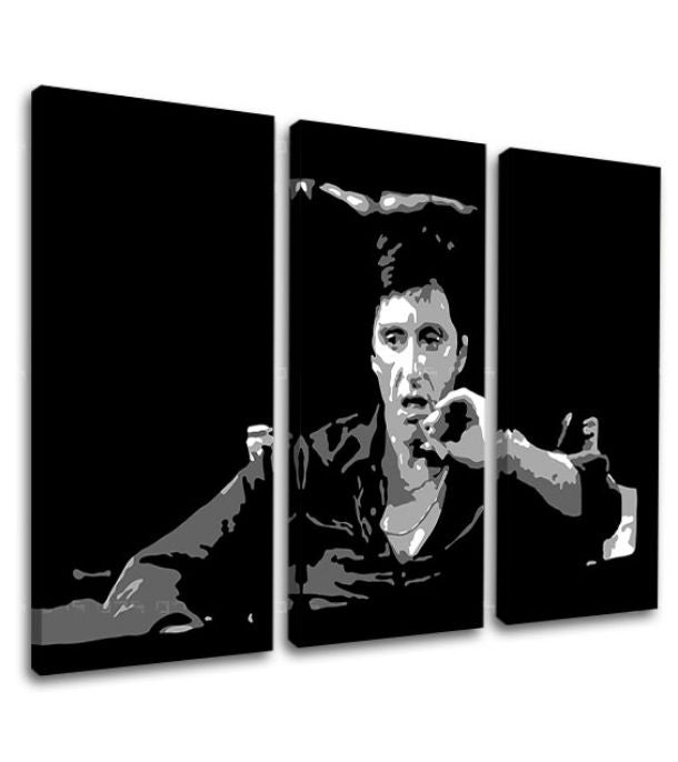 Pop art vászonkép motívummal: Tony Montana gondolkodik nad svojim plánom, szivar fehér-fekete árnyalatokban, merész hangulat, filmvilág és nosztalgia – termék