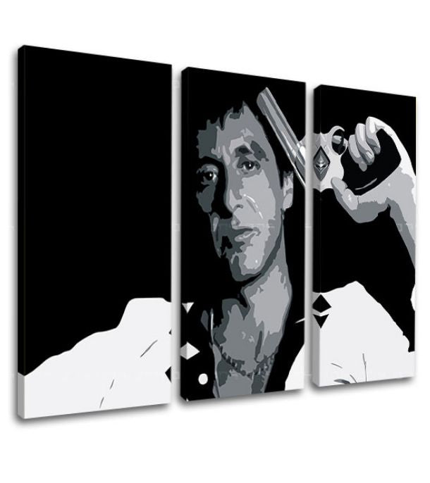 Pop art vászonkép motívummal: Tony Montana so zbraňou v ruke fehér-szürke árnyalatokban, intenzív hangulat, filmvilág és erő és hatalom | Legnagyobb mafiáni na vásznon Scarface - Tony Mon..., nézet 3