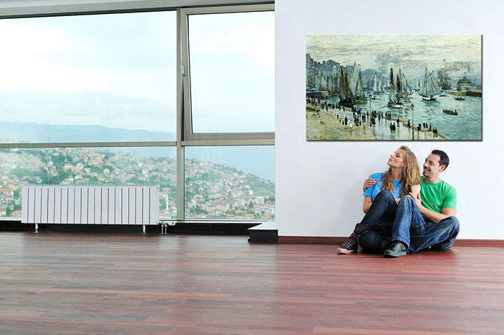 Vintage kép motívummal: kikötő, városi panoráma, térkép kék-szürke árnyalatokban | Vászonkép RYBÁRSKE HAJÓK OPUSTILI PRÍSTAV LE HAVRE – Claude Monet – előnézet