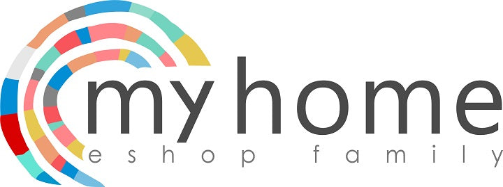 Közeli felvétel a 'my home eshop family' feliratú vászonképről, amelyen a színes ívek textúrája és kompozíciója látható, Papilora.