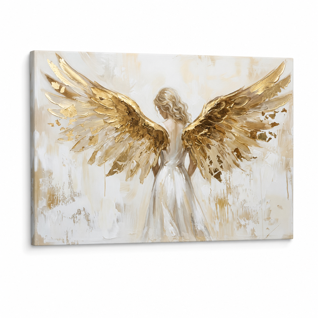 Angyalszárnyas női portré profilból, lehajtott fejjel, 3D látványterv fa vakkerettel a vászonkép hátoldalán, Papilora Premium Art.