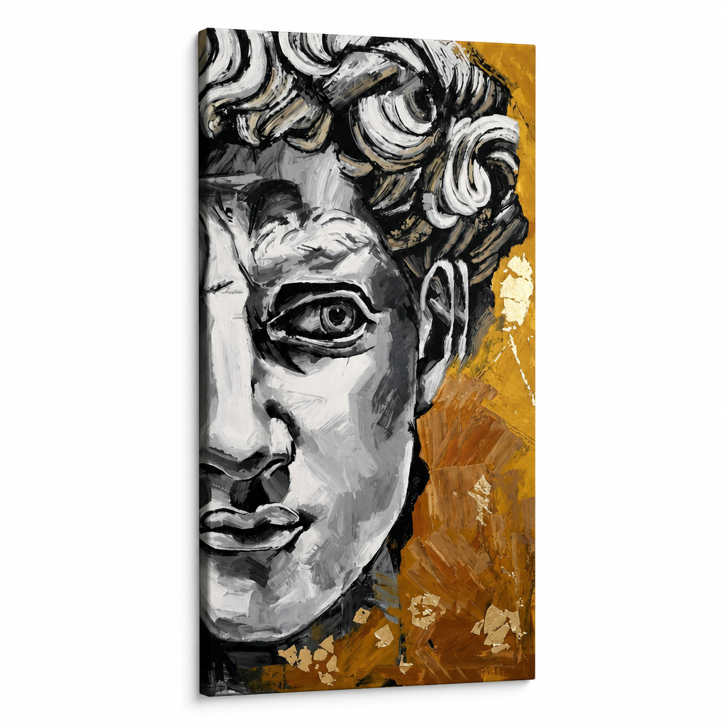 Stilizált Dávid-szobor portré vászonkép, klasszikus arcvonásokkal, mély tekintettel és arany részletekkel, 3D texturált Papilora Premium Art.