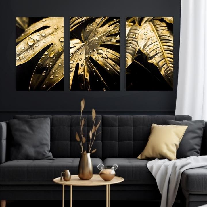 Arany nyomással vászonkép motívummal: Dance of the Gold Leaves, természet arany-fekete árnyalatokban, luxus hangulat, természet és luxus hatás – termék