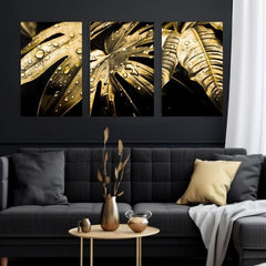 Arany nyomással vászonkép motívummal: Dance of the Gold Leaves, természet arany-fekete árnyalatokban, luxus hangulat, természet és luxus hatás – termék