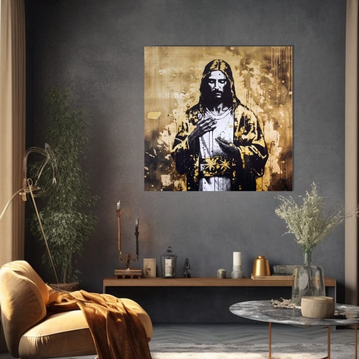 Arany nyomással vászonkép motívummal: Strength of Christ, táj, vallási motívum fehér-arany árnyalatokban, ünnepi hangulat, alkalmas a nappali számára – termék