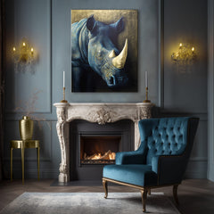 Arany nyomással vászonkép motívummal: Rhino's Armor of the Savanna, állat kék-arany árnyalatokban, fenséges hangulat, alkalmas a dolgozószoba számára – termék