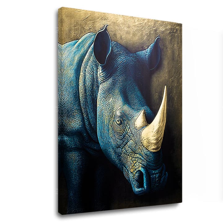 Arany nyomással vászonkép motívummal: Rhino's Armor of the Savanna, állat kék-arany árnyalatokban, fenséges hangulat, alkalmas a dolgozószoba számára – fő