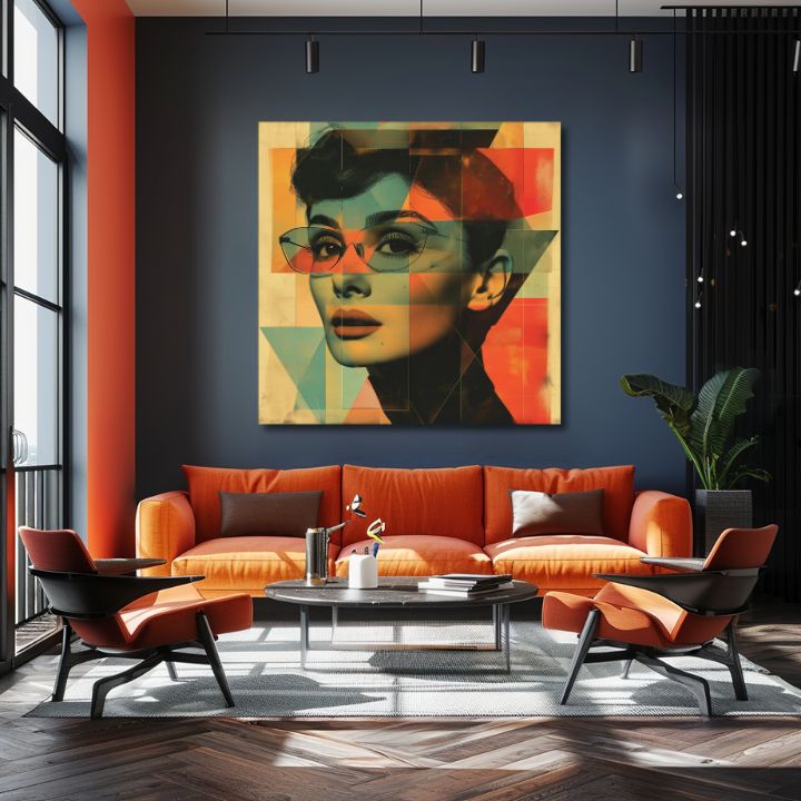 Modern vászonkép motívummal: Felejthetetlen szépség, szemüveg türkiz-narancs árnyalatokban, ikonográfia | Audrey Hepburn vászonkép - Felejthetetlen szépség – termék
