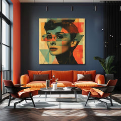 Modern vászonkép motívummal: Felejthetetlen szépség, szemüveg türkiz-narancs árnyalatokban, ikonográfia | Audrey Hepburn vászonkép - Felejthetetlen szépség – termék