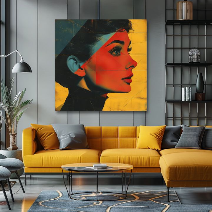 Modern vászonkép motívummal: Elegáns ikona sárga-fekete árnyalatokban, stílusos hangulat, szépség és nosztalgia | Audrey Hepburn vászonkép - Elegáns ikona – termék, nézet 2