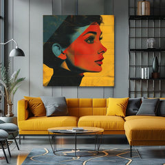 Modern vászonkép motívummal: Elegáns ikona sárga-fekete árnyalatokban, stílusos hangulat, szépség és nosztalgia | Audrey Hepburn vászonkép - Elegáns ikona – termék, nézet 2