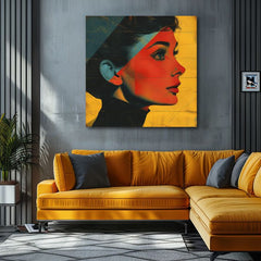 Modern vászonkép motívummal: Elegáns ikona sárga-fekete árnyalatokban, stílusos hangulat, szépség és nosztalgia | Audrey Hepburn vászonkép - Elegáns ikona – termék