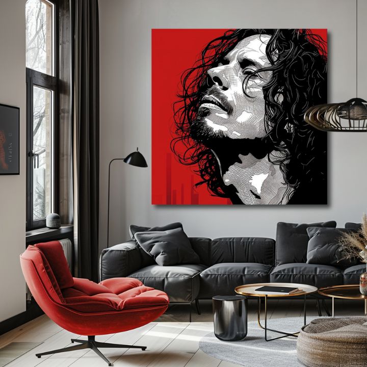 Modern vászonkép motívummal: férfi, arc piros-fekete árnyalatokban, drámai hangulat | Chris Cornell vászonkép - Rocková szenvedély – termék, nézet 2