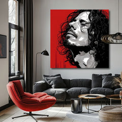Modern vászonkép motívummal: férfi, arc piros-fekete árnyalatokban, drámai hangulat | Chris Cornell vászonkép - Rocková szenvedély – termék, nézet 2