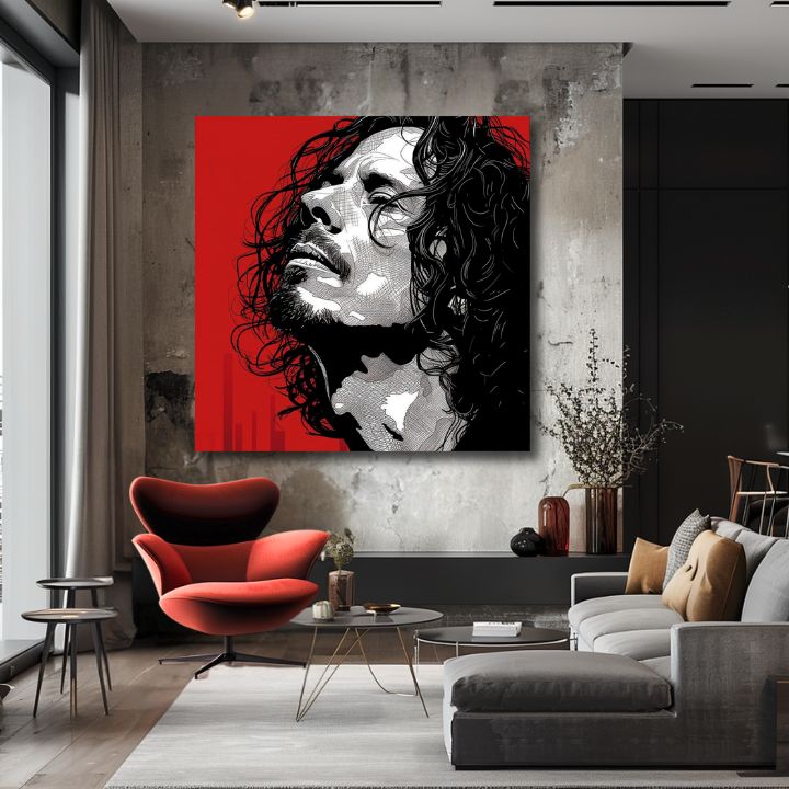 Modern vászonkép motívummal: férfi, arc piros-fekete árnyalatokban, drámai hangulat | Chris Cornell vászonkép - Rocková szenvedély – termék
