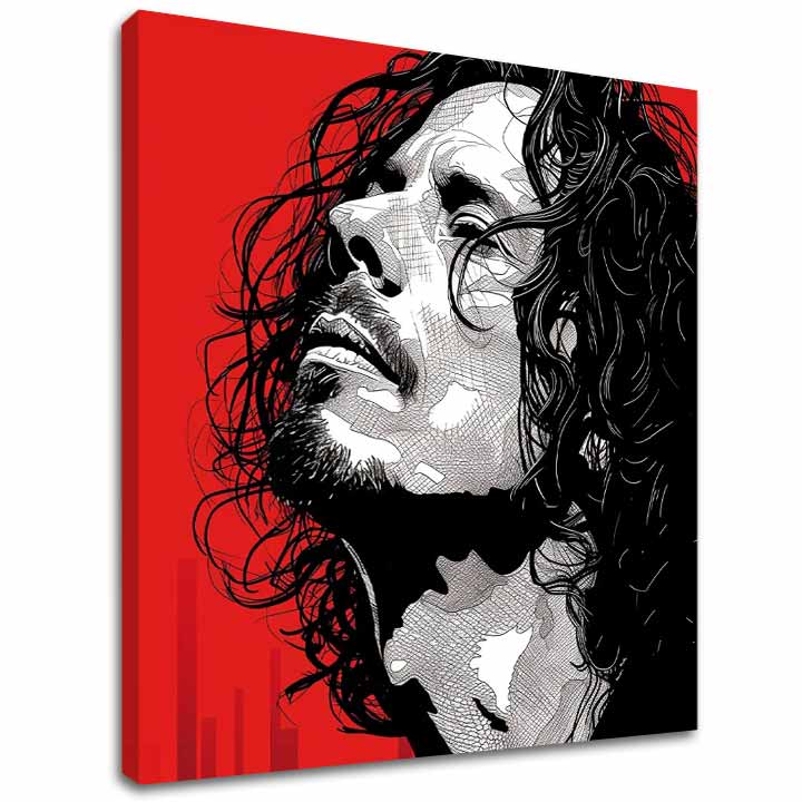 Modern vászonkép motívummal: férfi, arc piros-fekete árnyalatokban, drámai hangulat | Chris Cornell vászonkép - Rocková szenvedély – fő